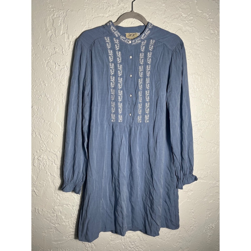 Anna Kay Paris Blue Embroidered Boho Mini Dress Long Sleeve Viscose Womens Large